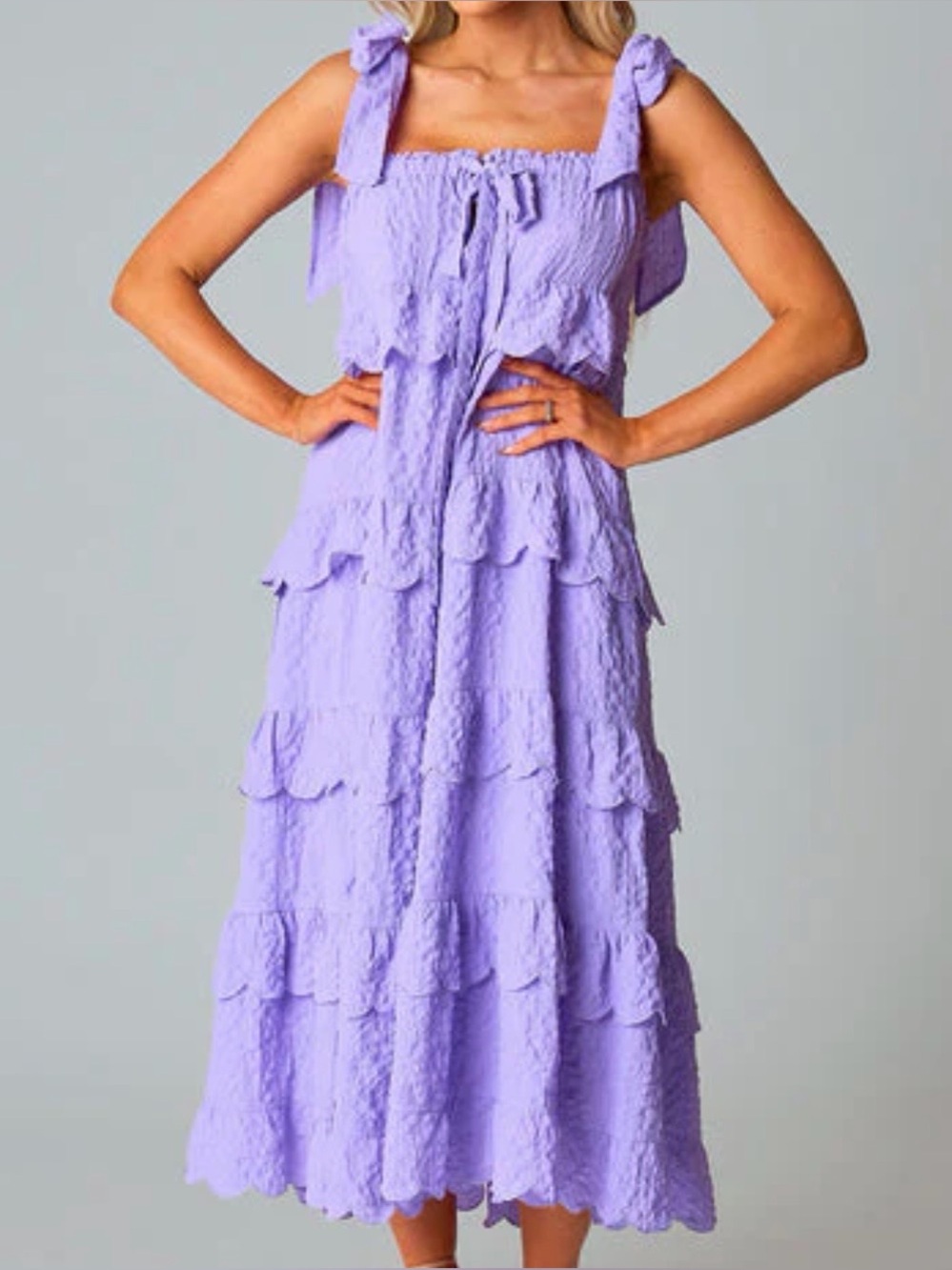Lavender Tiered Midi Dress with Tie Shoulders